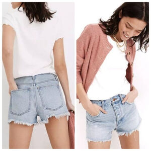 NEW Madewell Relaxed Denim Shorts Light Wash Mid Rise Frayed Hem Loose Fit 27
